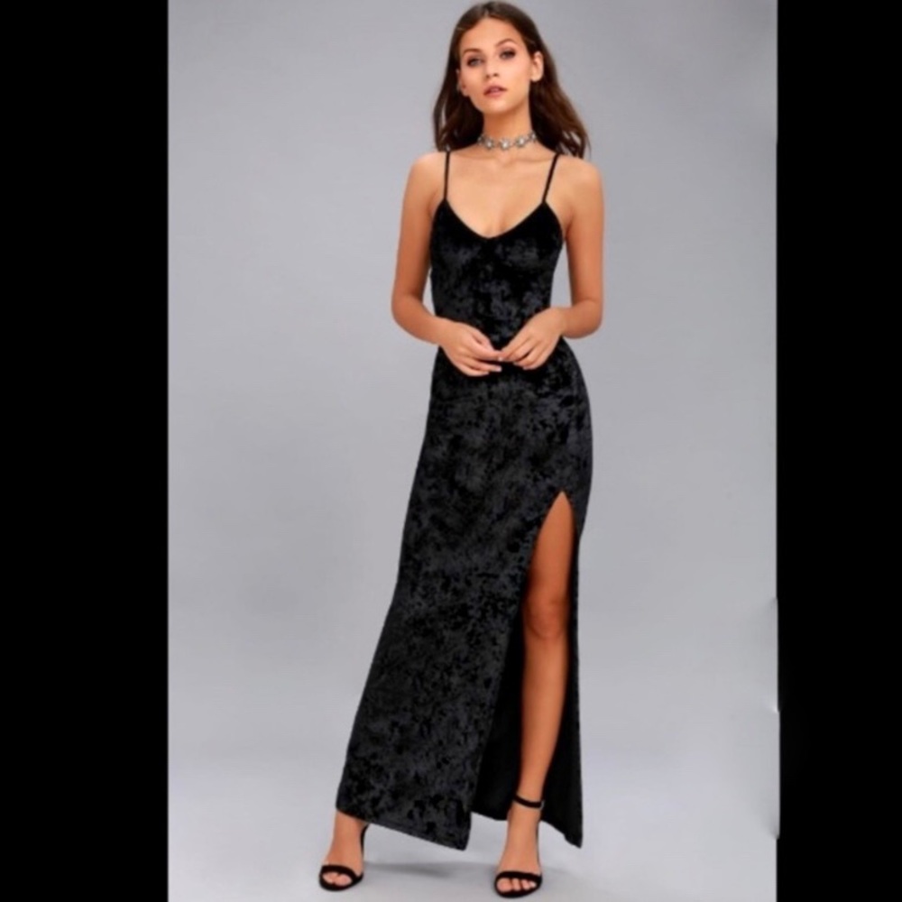 Lulus Black Velvet Slit Maxi Dress